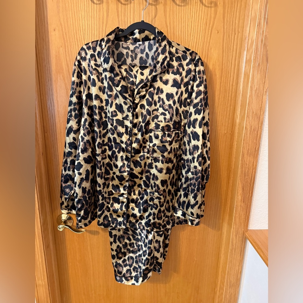 Leopard Print Button-Down Satin Pajamas - Unisex XXL